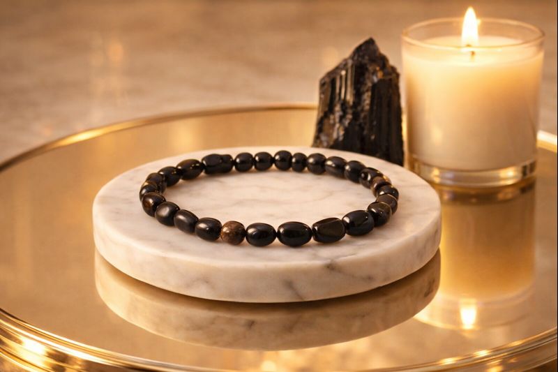 Black Tourmaline Gemstone Bracelet — Natural Multicolor Beads