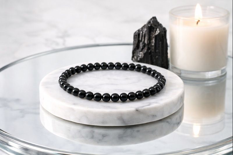 Black Tourmaline Stretch Bracelet — 4 mm Beaded