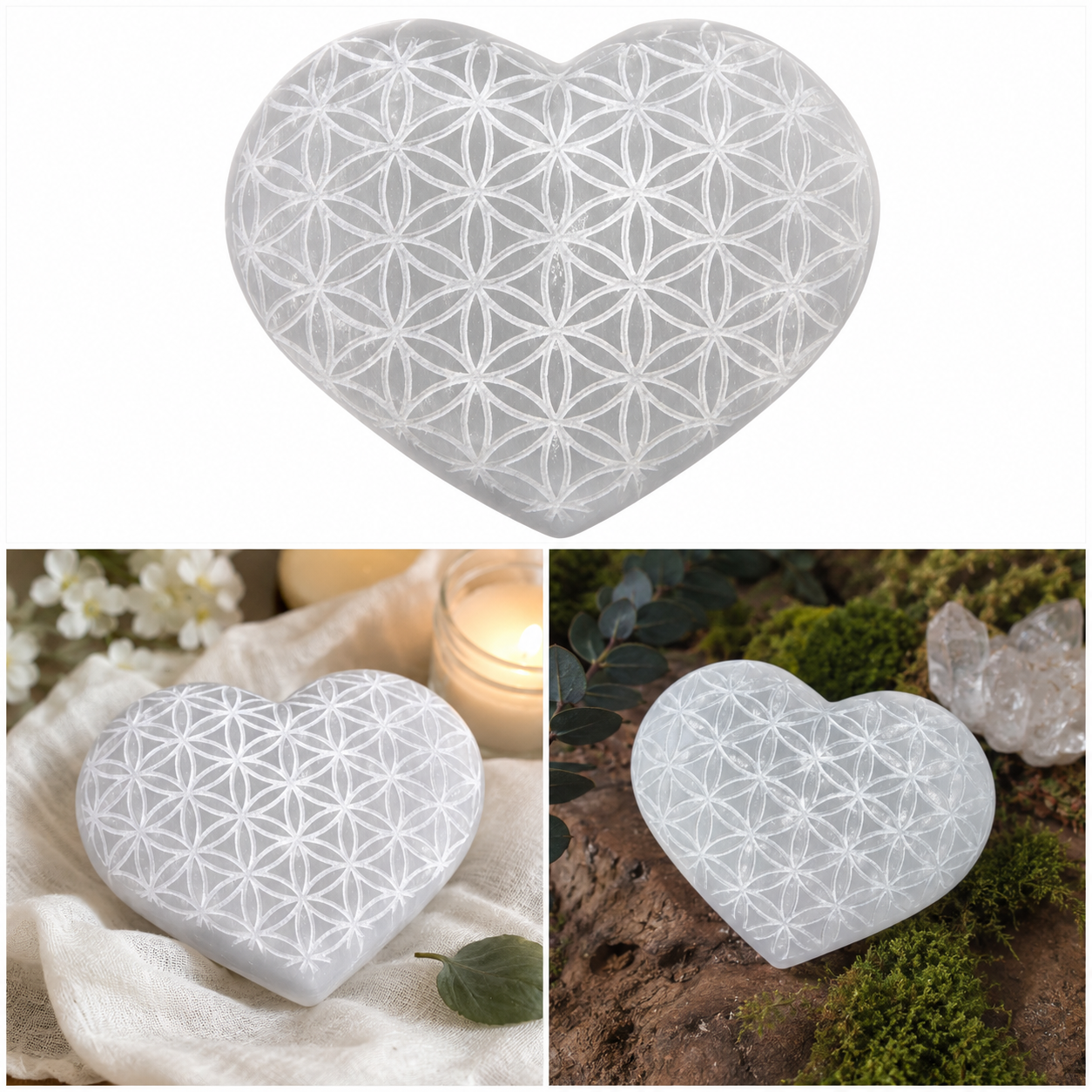 Heart-shaped stone with flower of life pattern on a white background