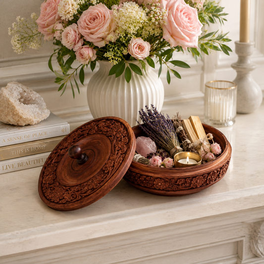 Ornately Carved Wooden Sanctuary Bowl w/ Lid