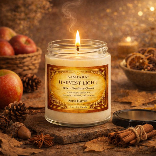 Santara Harvest Light soy candle with an apple harvest theme on a rustic background