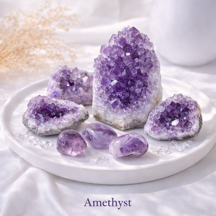 Raw amethyst crystals arranged on a white surface in natural light.