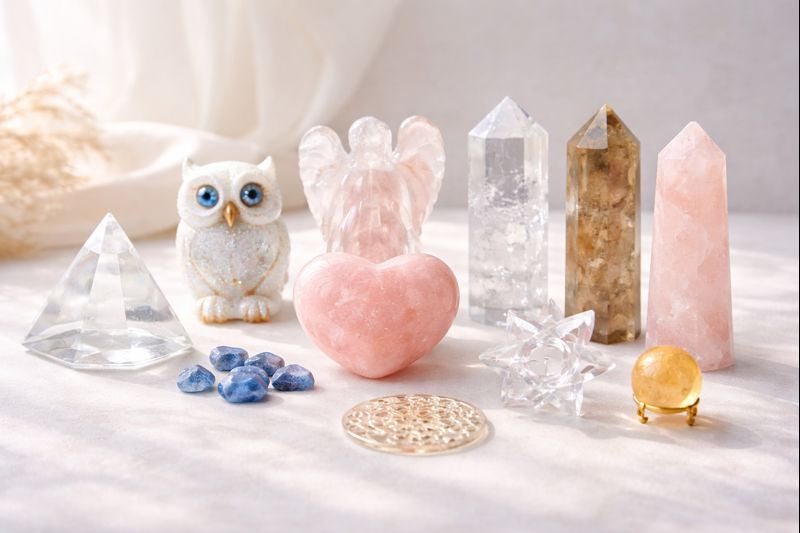 Assorted crystal shapes displayed on a softly lit neutral background, including hearts, towers, carved figures, and sacred geometry forms, arranged with natural light and gentle shadows to highlight texture, clarity, and craftsmanship.