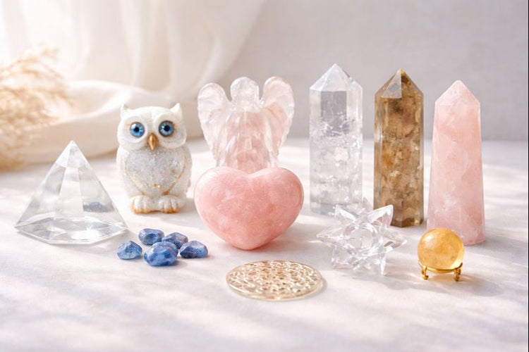 Assorted crystal shapes displayed on a softly lit neutral background, including hearts, towers, carved figures, and sacred geometry forms, arranged with natural light and gentle shadows to highlight texture, clarity, and craftsmanship.