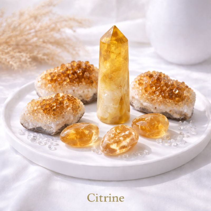 Citrine crystal pillar displayed on a bright white surface, glowing golden-yellow in natural light, symbolizing warmth, clarity, and abundance.