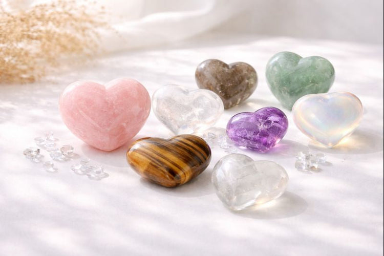 Heart-shaped polished gemstones displayed on a white background with soft daylight, highlighting their natural color variations and smooth finish