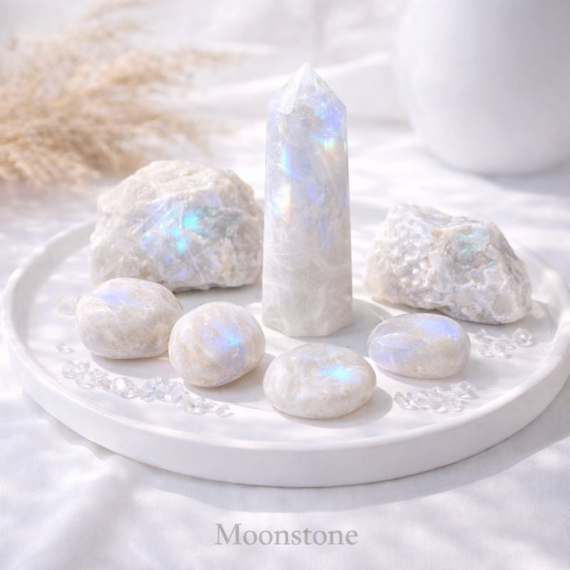 Moonstone crystals arranged on a white surface in soft natural light, showing their luminous sheen and gentle, ethereal glow.