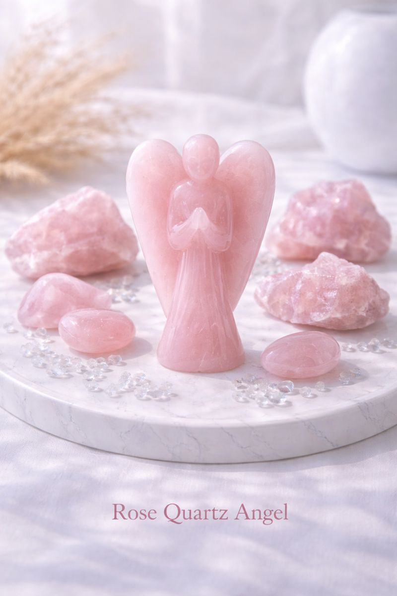Rose quartz angel carving displayed on a bright white surface in soft natural light, symbolizing love, compassion, and heart-centered energy