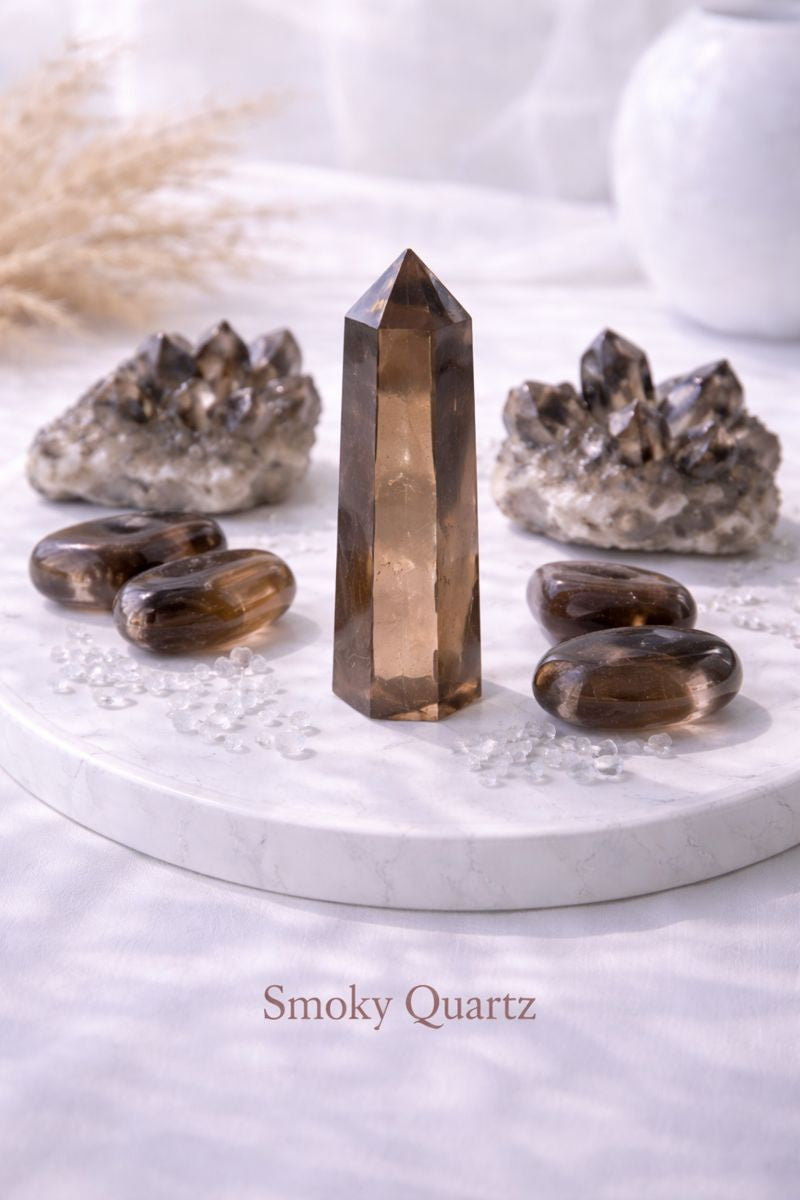 Smoky quartz crystal pillar standing upright on a bright white surface, softly lit by natural light, showing translucent brown-gray tones and natural stone texture