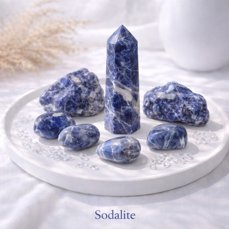 Polished sodalite crystal pillar standing upright on a light, neutral surface, showing deep blue tones with natural white veining in soft natural light