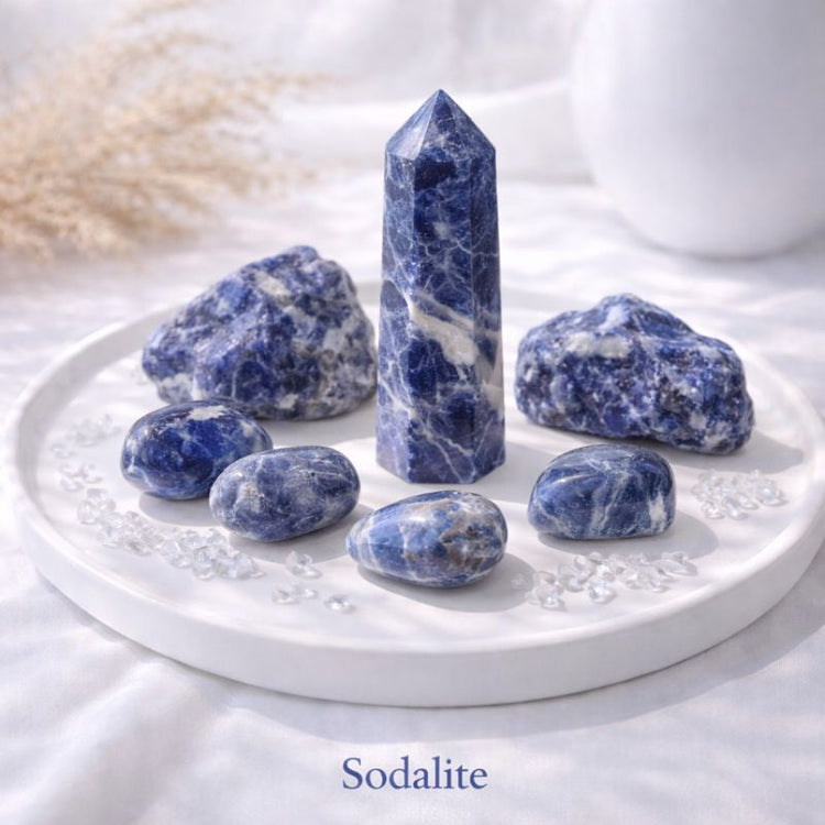 Polished sodalite crystal pillar standing upright on a light, neutral surface, showing deep blue tones with natural white veining in soft natural light