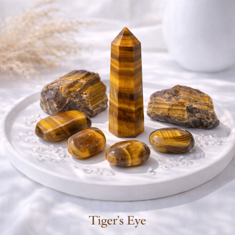 Polished and raw tiger’s eye stones displayed on a light neutral surface, showing warm golden-brown bands and natural stone texture.