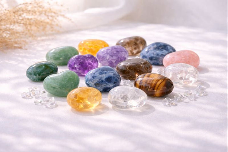 Assortment of smooth, tumbled gemstones in natural tones arranged on a bright white surface with soft daylight. The stones are polished, rounded, and varied in color, creating a calm, minimalist display that highlights their natural textures and finishes.