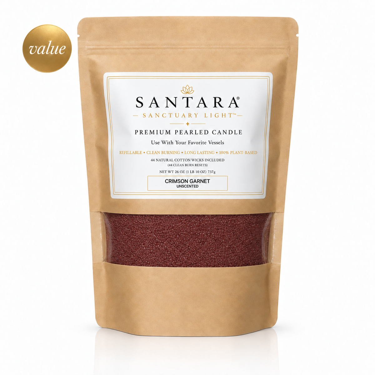 SANTARA® Sanctuary Light™ Premium Pearled Candle — Crimson Garnet, Unscented 26oz