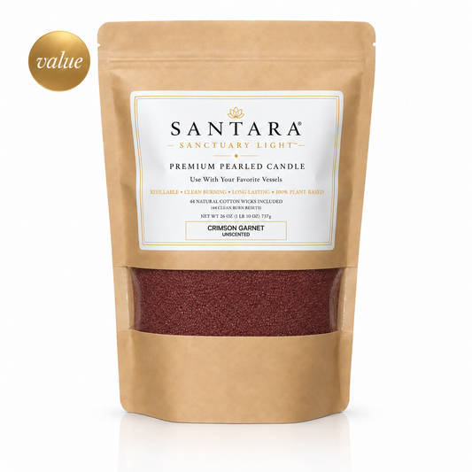SANTARA premium Crimson Garnet pearled candle 26oz value pouch with plant-based sand wax + 44 clean burn reset cotton wicks.