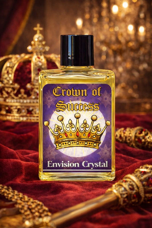 Perfume Bottle of 'Crown of Success Envision Crystal' with a crown and scepter in the background