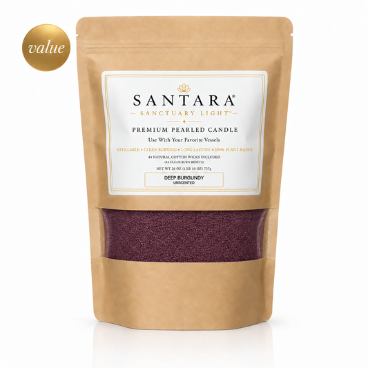 SANTARA premium Deep Burgundy pearled candle 26oz value pouch with plant-based sand wax + 44 clean burn reset cotton wicks.