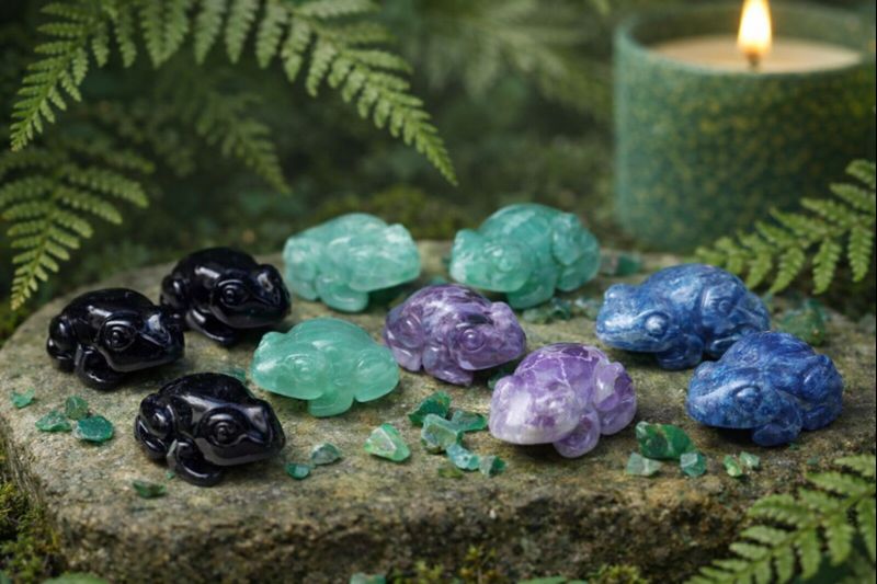 Gem Stone Frog Beads (Set of 12) — 15–20 mm Carved Totem Beads