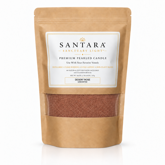 SANTARA premium Desert Rose pearled candle 26oz value pouch with plant-based sand wax + 44 clean burn reset cotton wicks.