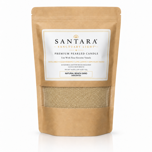 SANTARA premium Natural Beach Sand pearled candle 26oz value pouch with plant-based sand wax + 44 clean burn reset cotton wicks.
