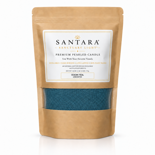 SANTARA premium Ocean Teal pearled candle 26oz value pouch with plant-based sand wax + 44 clean burn reset cotton wicks.
