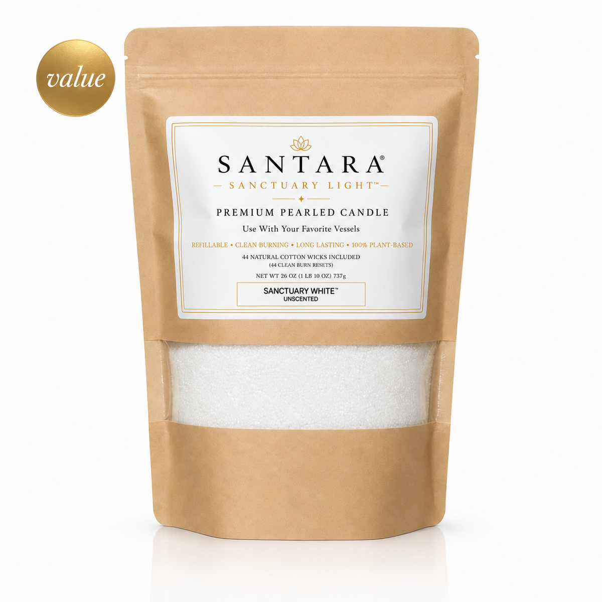 SANTARA® Sanctuary Light™ Premium Pearled Candle — White, Unscented— 26oz