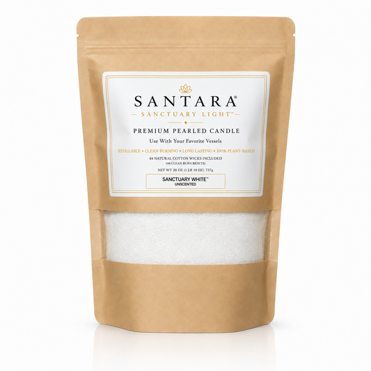 Santara premium white pearled candle 26oz value pouch with plant-based sand wax + 44 clean burn reset cotton wicks.