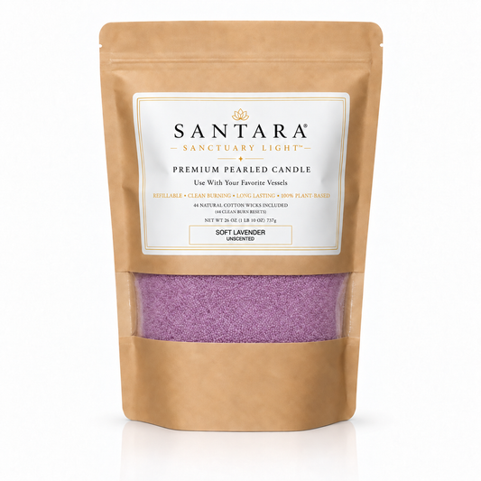 SANTARA premium Soft Lavender pearled candle 26oz value pouch with plant-based sand wax + 44 clean burn reset cotton wicks.