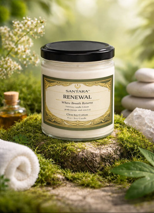 Santara Renewal candle on a natural setting with greenery and stones.