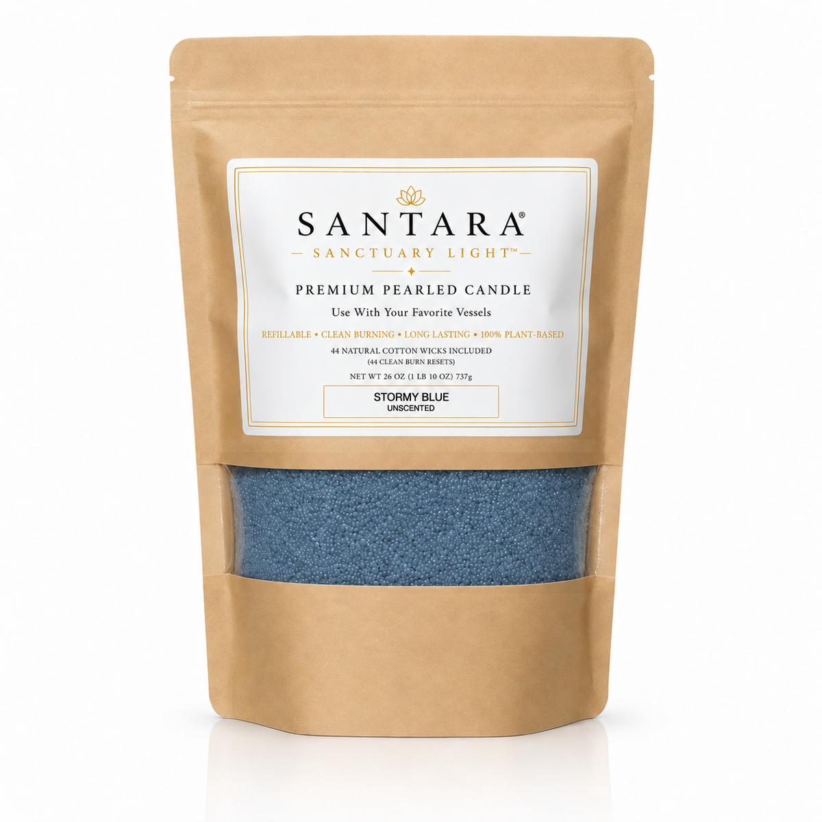 Santara premium stormy blue pearled candle 26oz value pouch with plant-based sand wax + 44 clean burn reset cotton wicks