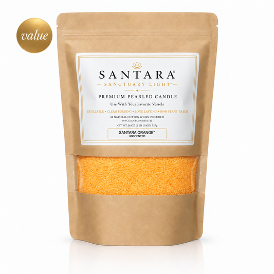 SANTARA premium Santara Orange pearled candle 26oz value pouch with plant-based sand wax + 44 clean burn reset cotton wicks.