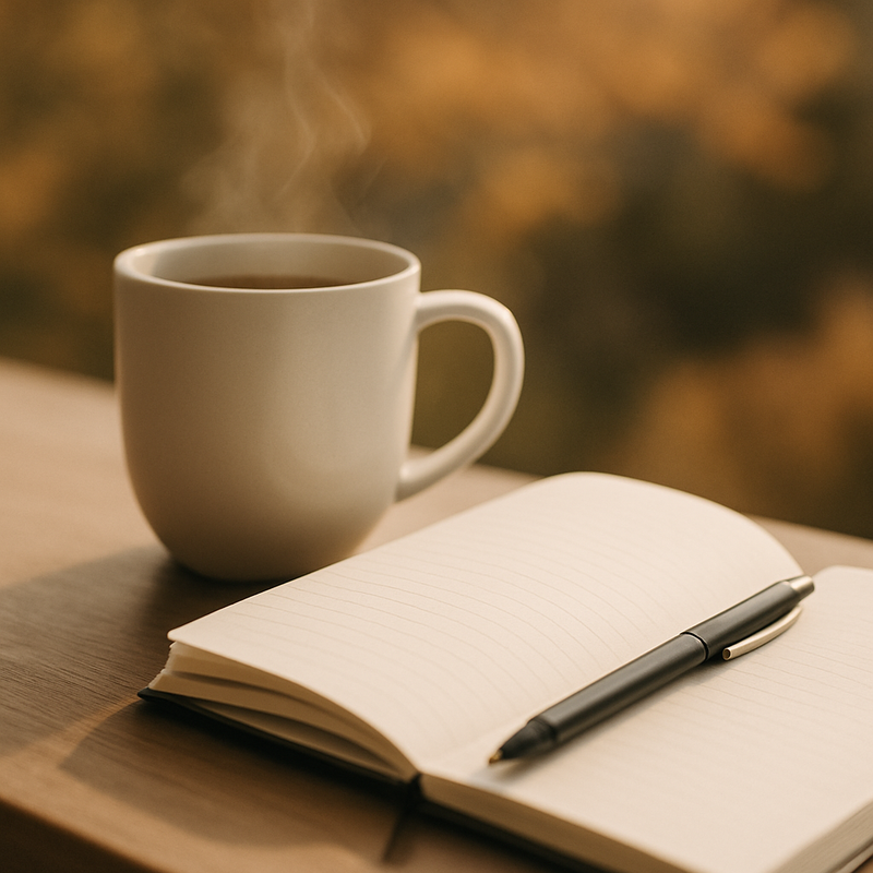 Cozy morning journal scene with steaming coffee and soft golden light — a mindful SANTARA reflection moment.