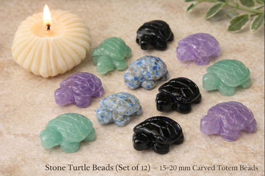 Gem Stone Turtle Beads (Set of 12) — 15–20 mm Carved Totem Beads