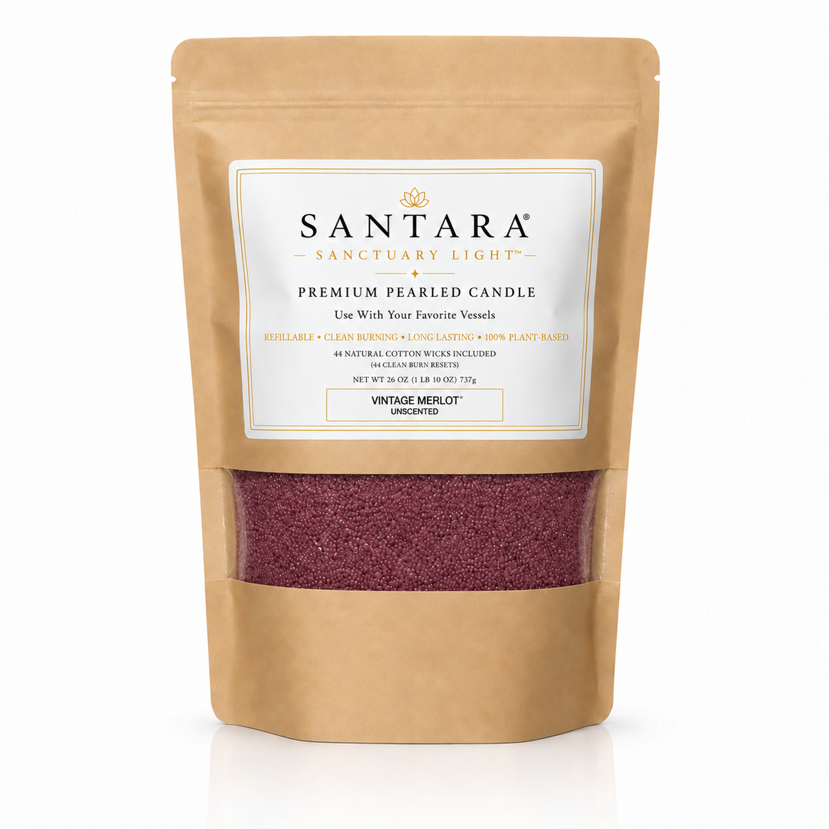 SANTARA premium Vintage Merlot pearled candle 26oz value pouch with plant-based sand wax + 44 clean burn reset cotton wicks.